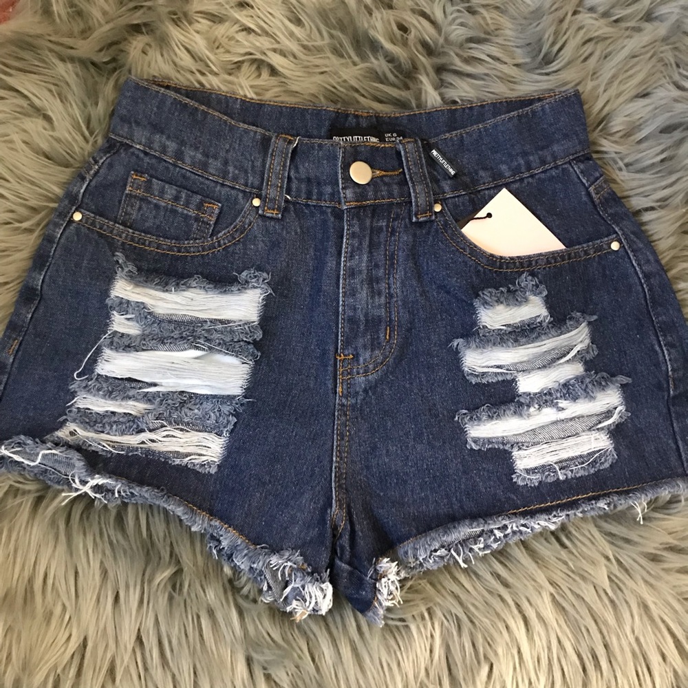 X SOLD X PLT high waisted dark denim distressed shorts